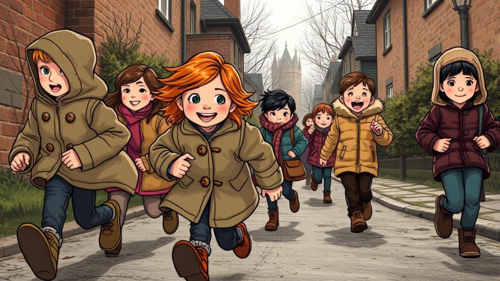 Foxkin Children Rush Past a Mysterious Figure