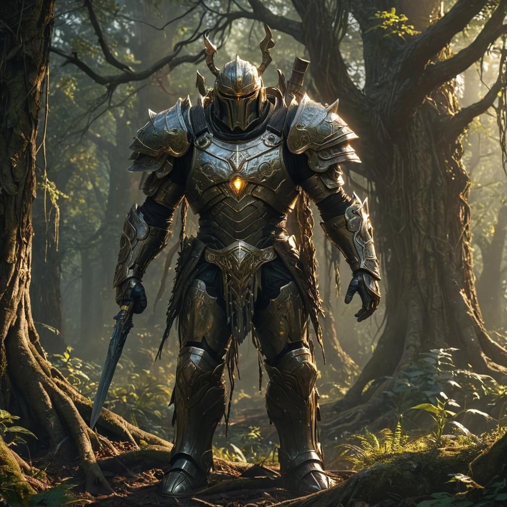 Mystical Shield Guardian in Dark Fantasy Forest