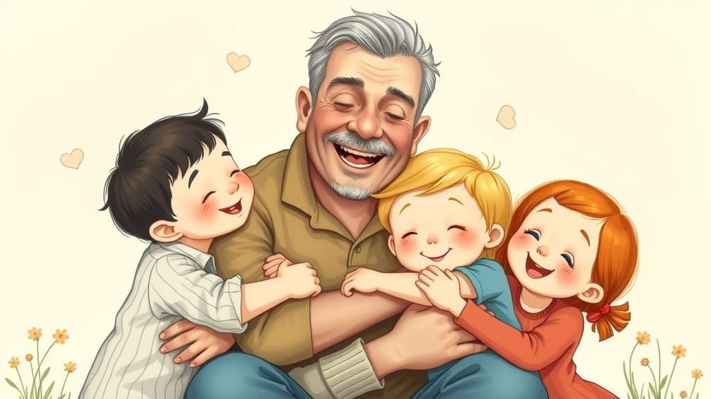 Loving Parent Embraces Happy Children in Pastel Hues