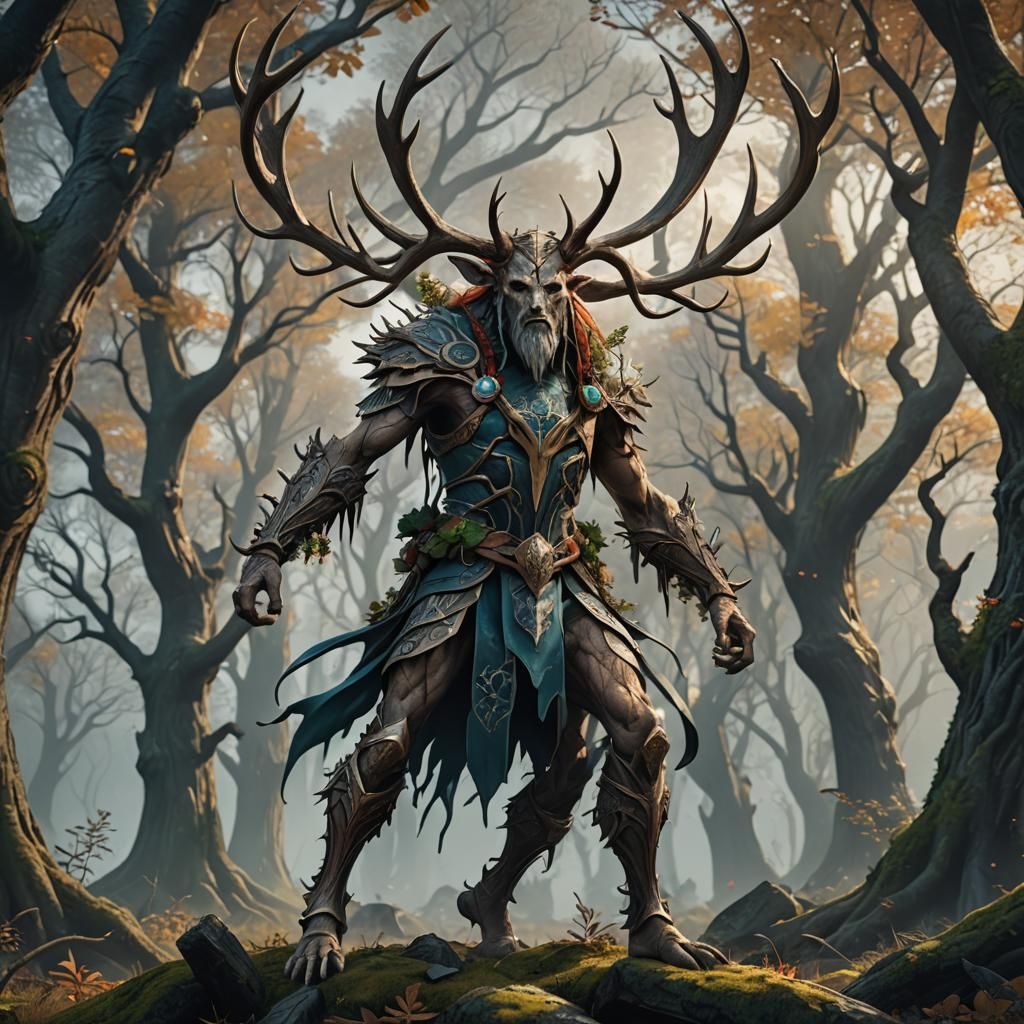 Norse Tree Person with Antlers: Detailed Matte Painting