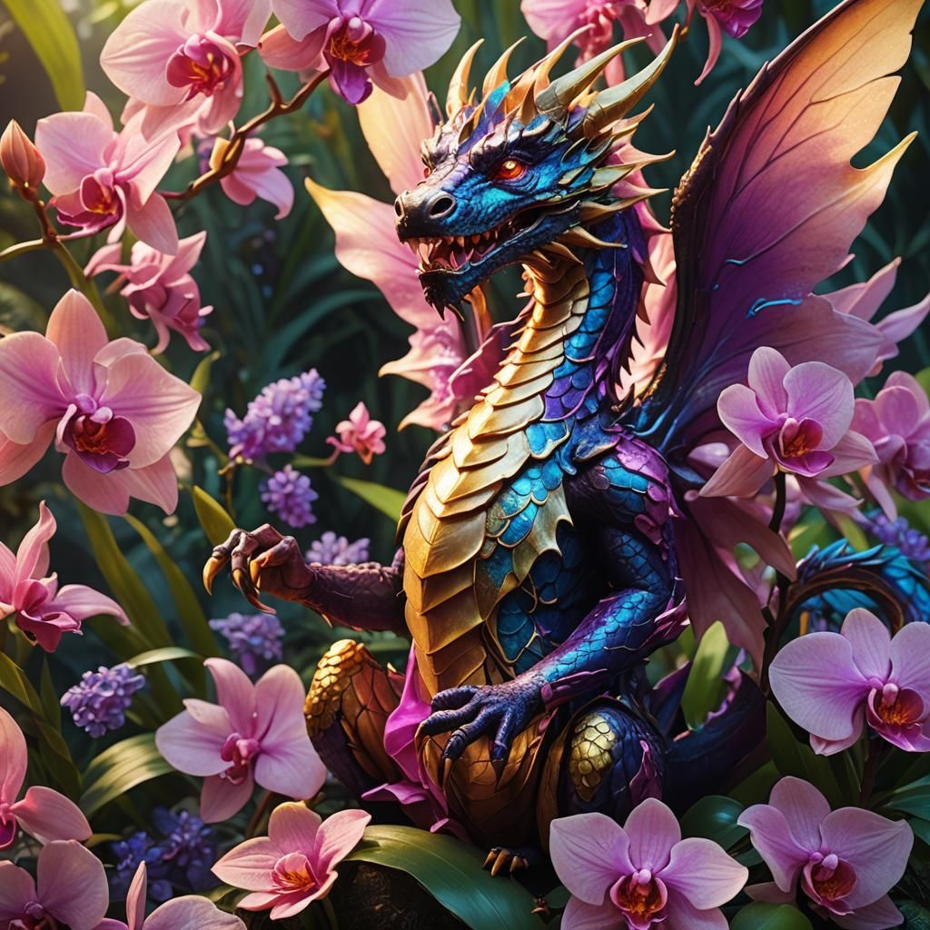 Dragon Fairy on Orchid Petal in Lush Garden