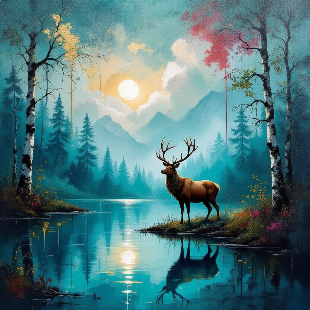Mystical Forest Stag by Reflective Lake in Mixed Media