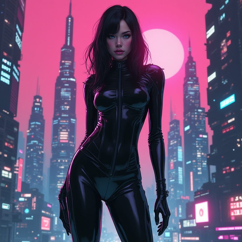 Cyberpunk Sci-Fi Heroine Dominates Dystopian Cityscape