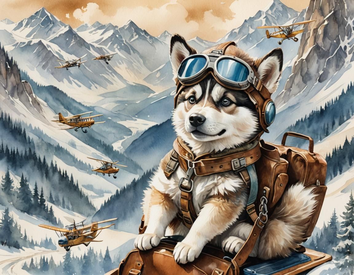 Whimsical Husky Aviator Over Snowy Alps