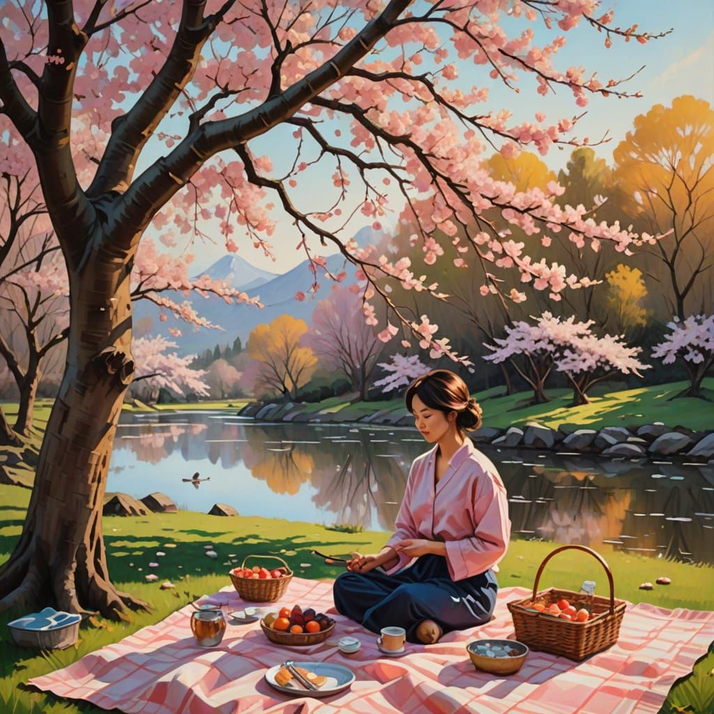 Cherry Blossom Picnic: An Oil Painting in Japanese Style
