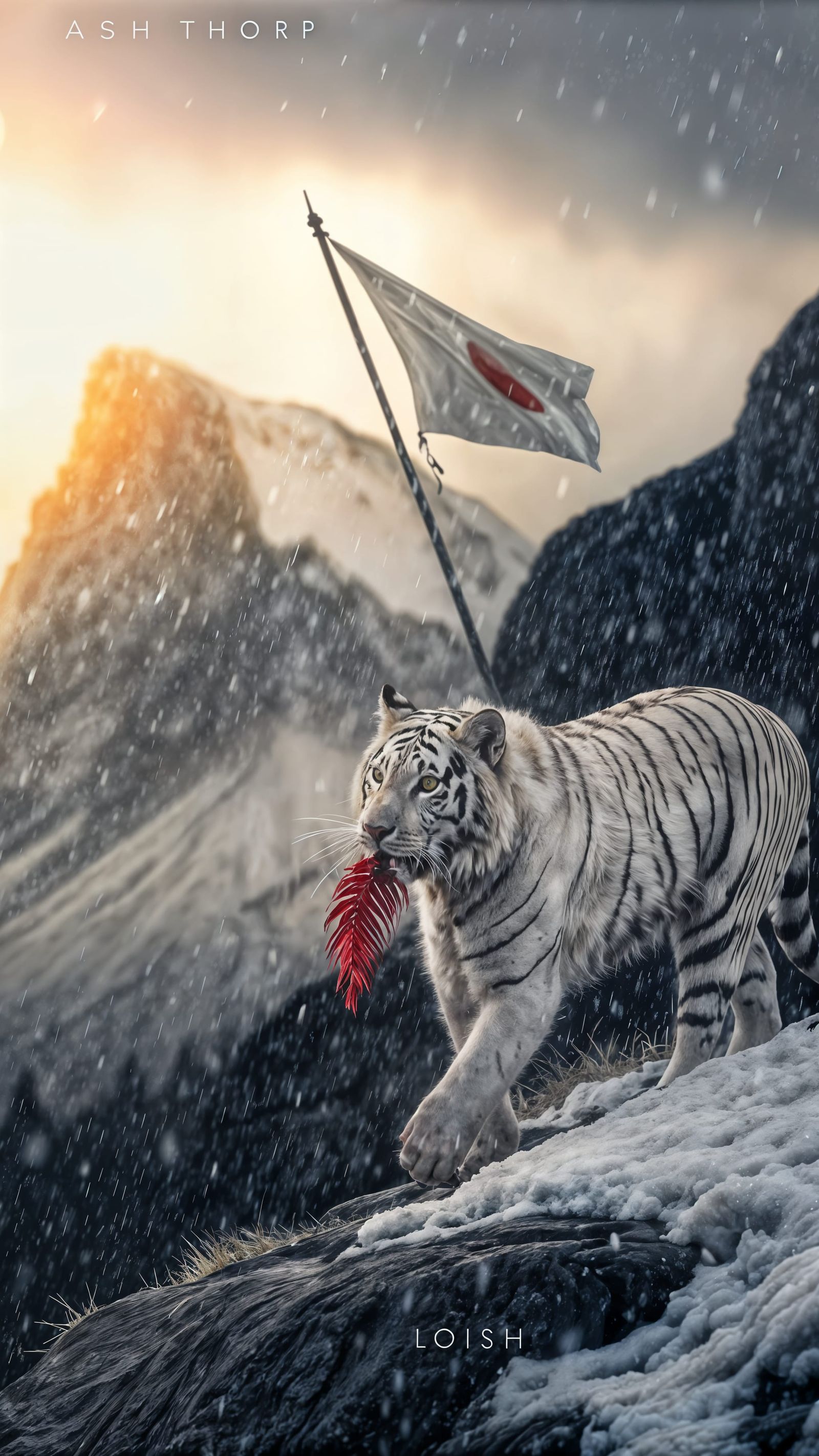 White Tiger in Snowstorm with Japanese Flag