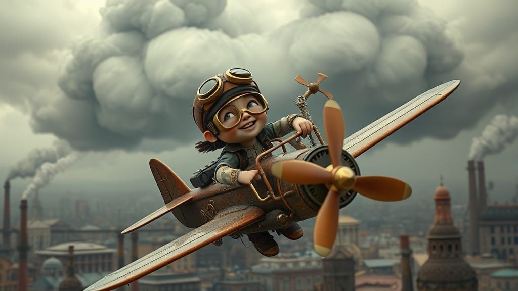 Steampunk Boy Soars Over Industrial City
