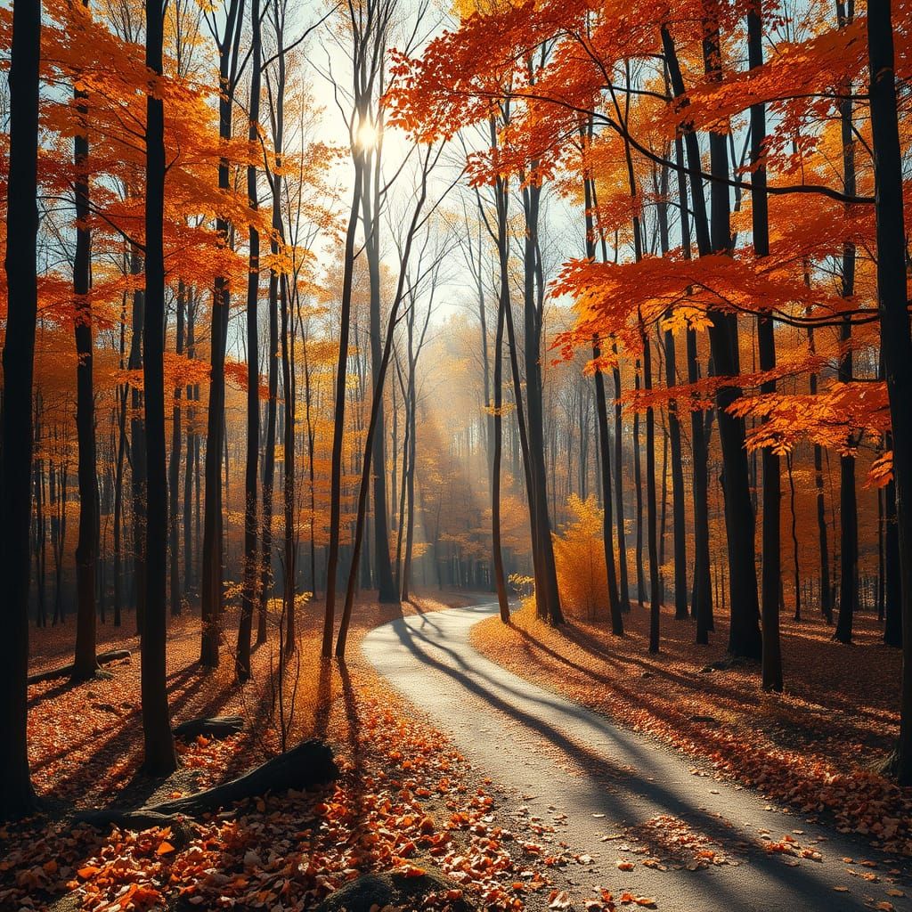 A serene autumn forest scene, featuring a winding path surro...