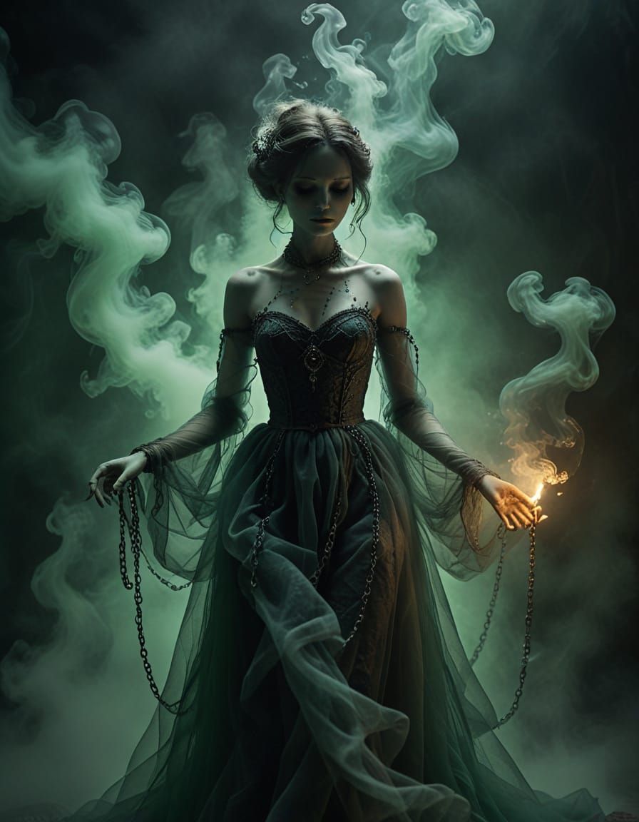 Ethereal Doll Dances in Chains, Surrounded by Dark Whispers