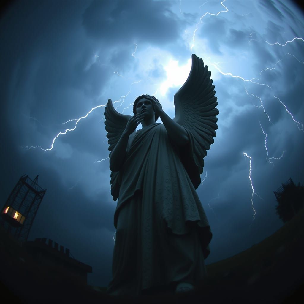 Alien Statues Pose in Fisheye Lens Dramatic Lighting Cinemat...