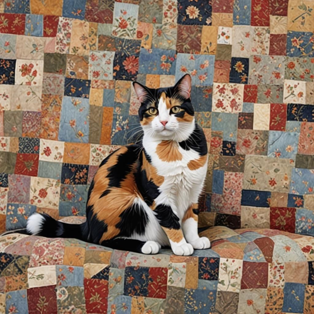 Calico Cat Comfort on Patchwork Cushion