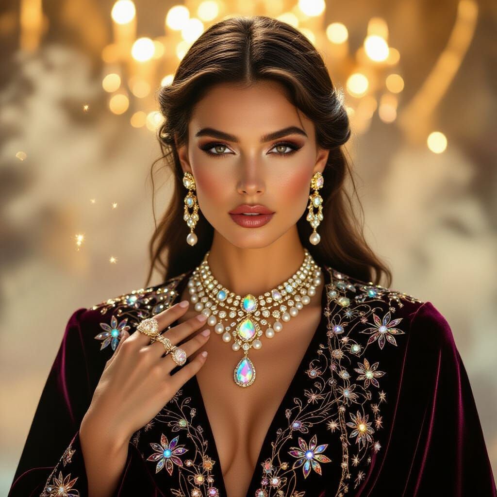 Regal Woman in Velvet Robes with Crystalline Jewelry