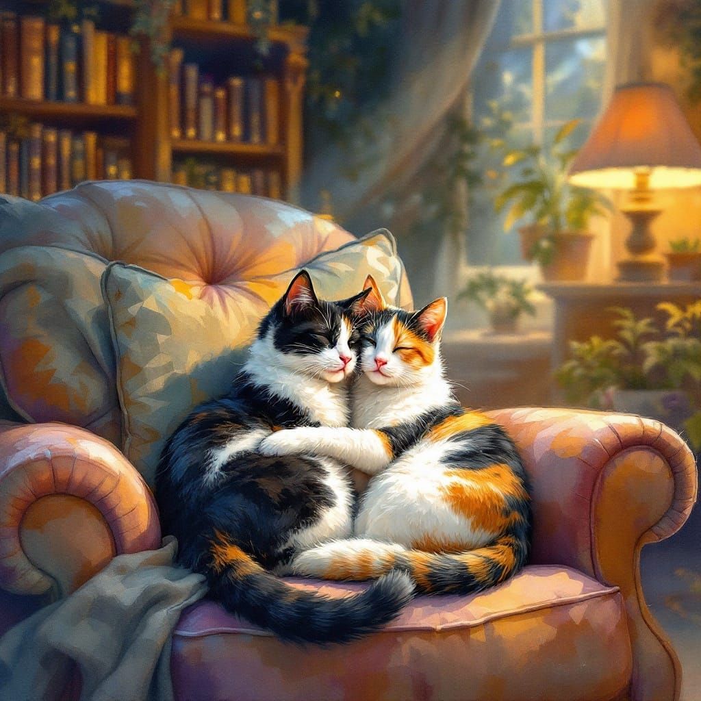 Whimsical Watercolor Scene of Two Cats in a Cozy Library