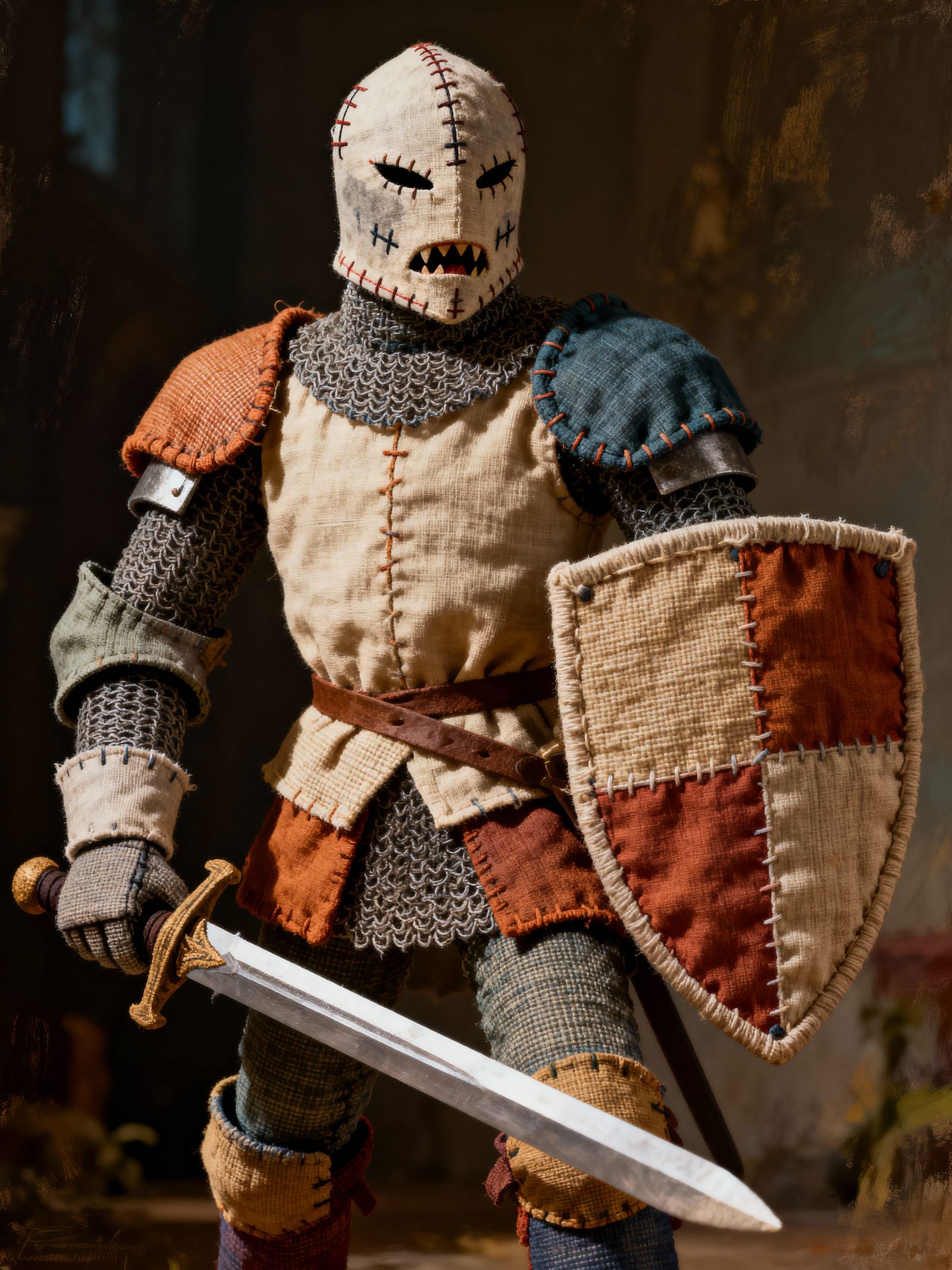 Twill Fabric Knight Wielding Sword and Shield