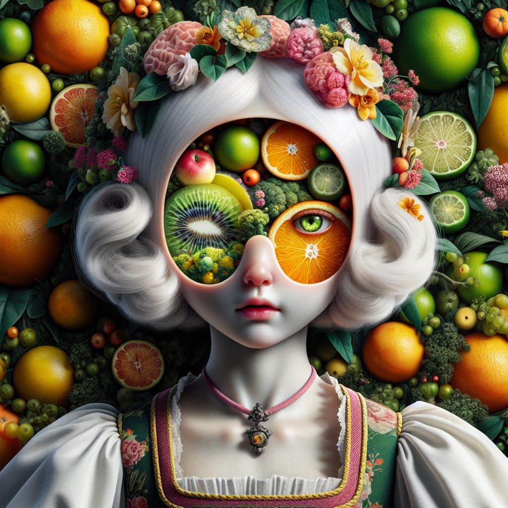 Surreal Doll in Fruit Garden: Cinematic Poster Art