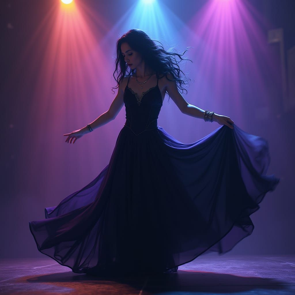 Elegant Raven Goddess Dances Under Vibrant Stage Lights