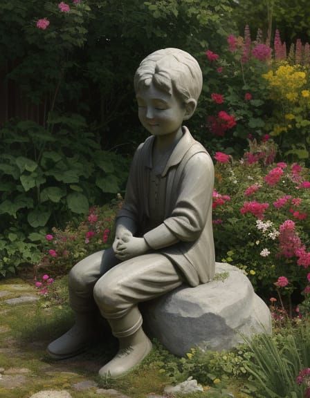 Carved Clay Statue of Boy in Garden