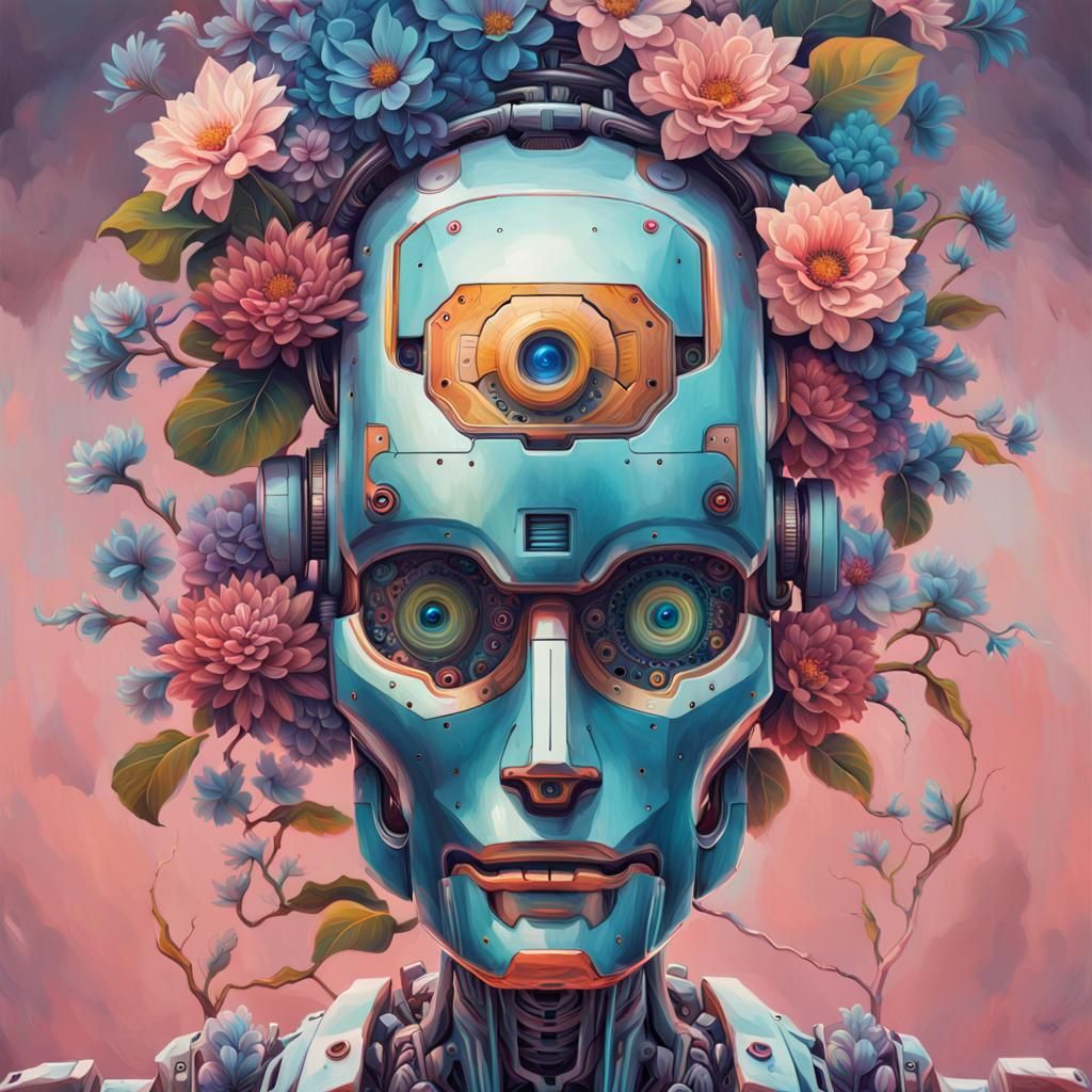 Psychedelic Robot Face Surrounded by Flowers