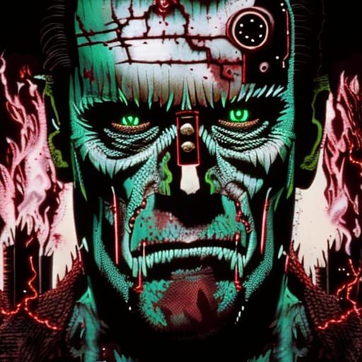Cyberpunk Frankenstein's Monster in Burning Forest
