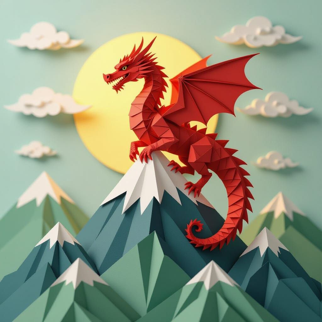 Origami Dragon on Paper Mountains in Japanese Woodblock Styl...
