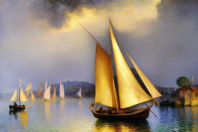 Latin Sail Boat on Lake: Classical Realism
