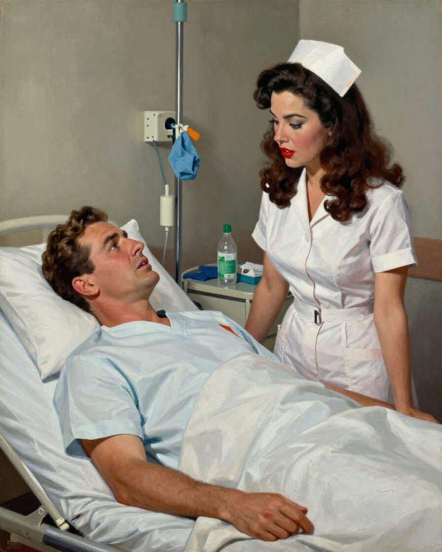 Man in Hospital Bed with Nurse, 1966 Impasto Painting