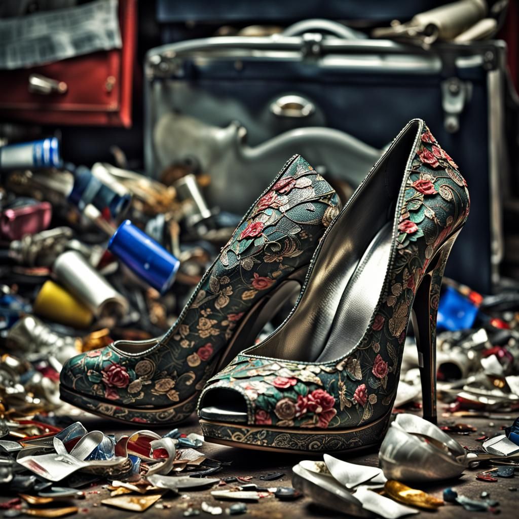 Glamorous Plus-Size Woman near Rubbish Tip in High Heels