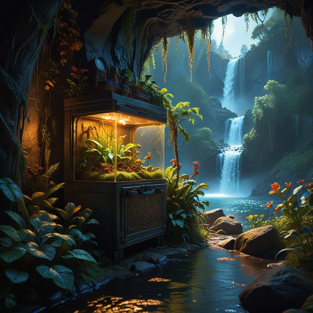 Rainforest Refrigerator: Hyperrealistic Fantasy Scene