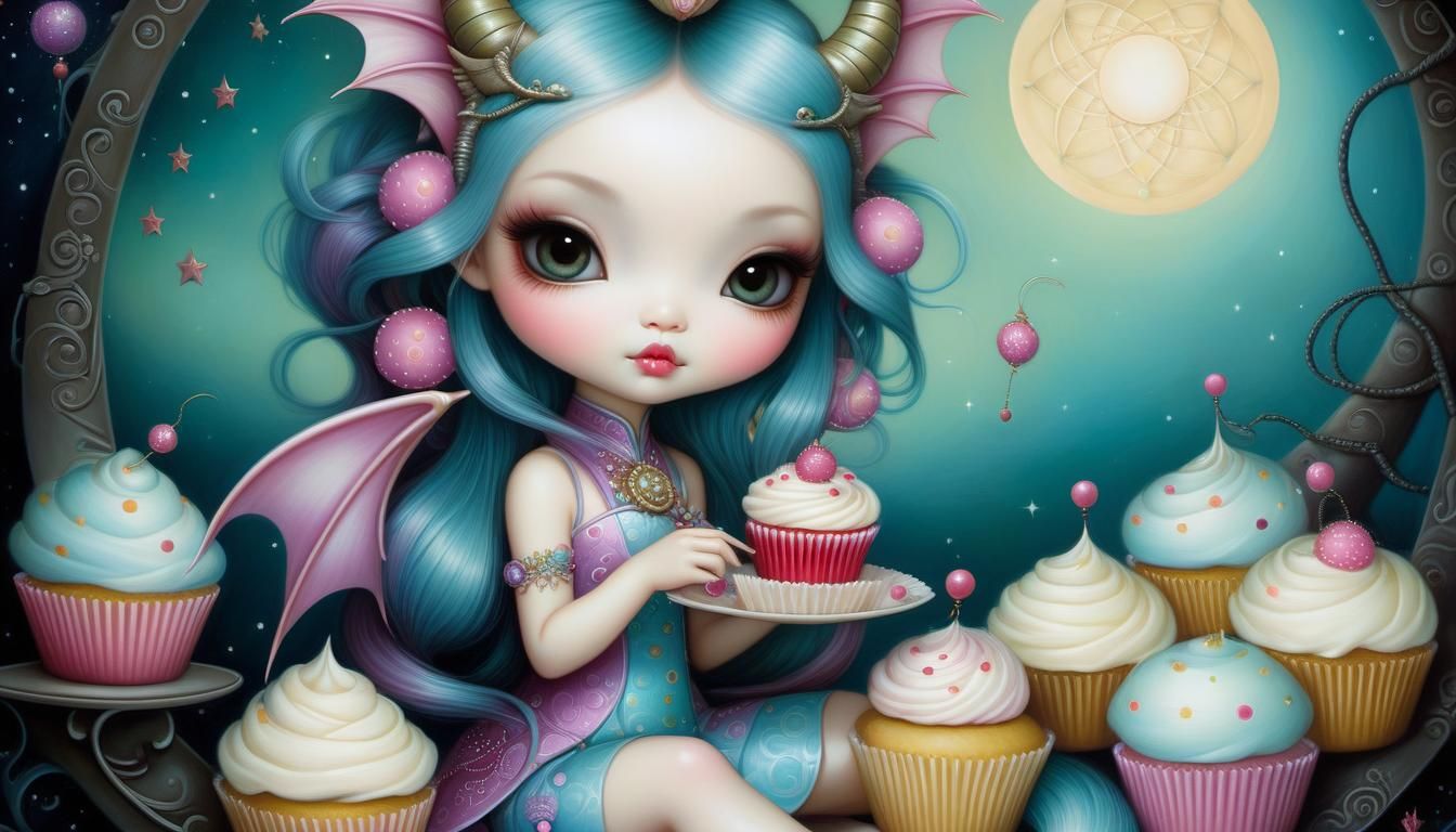 Asian cute dragon girl eating a cupcake