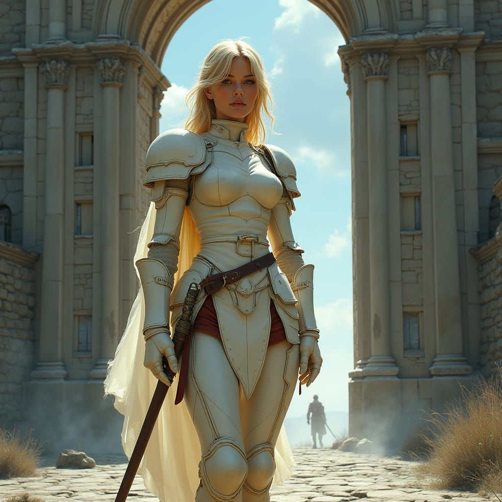 Elegant Female Warrior Guards Medieval Castle in Style of Fr...