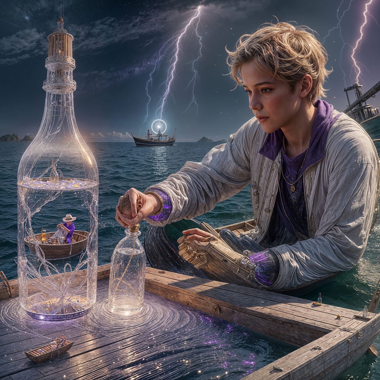 Boy Reaches for Sparkling Bottle at Sea