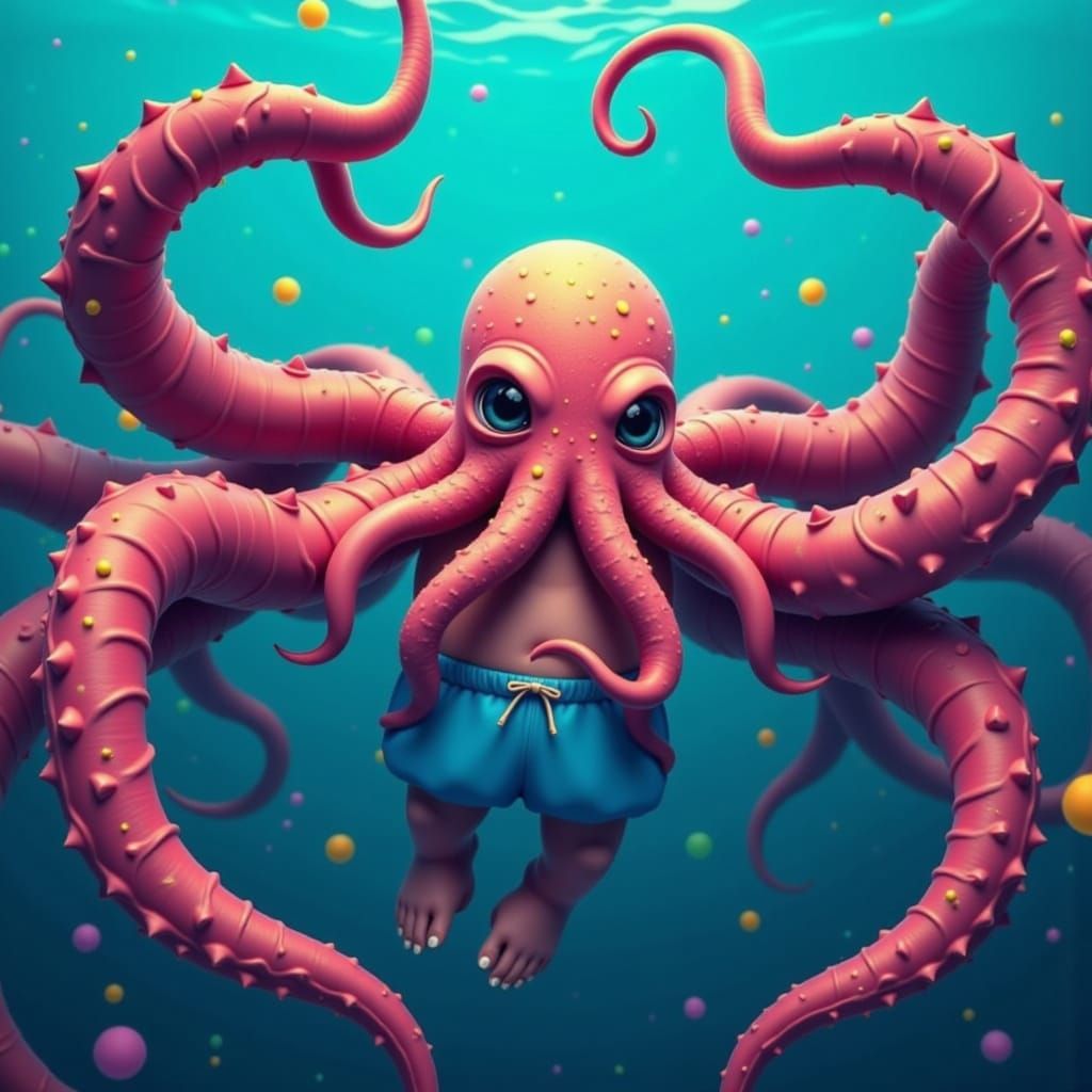 Cartoon Cthulhu in Deep Sea, Realistic Optix Render