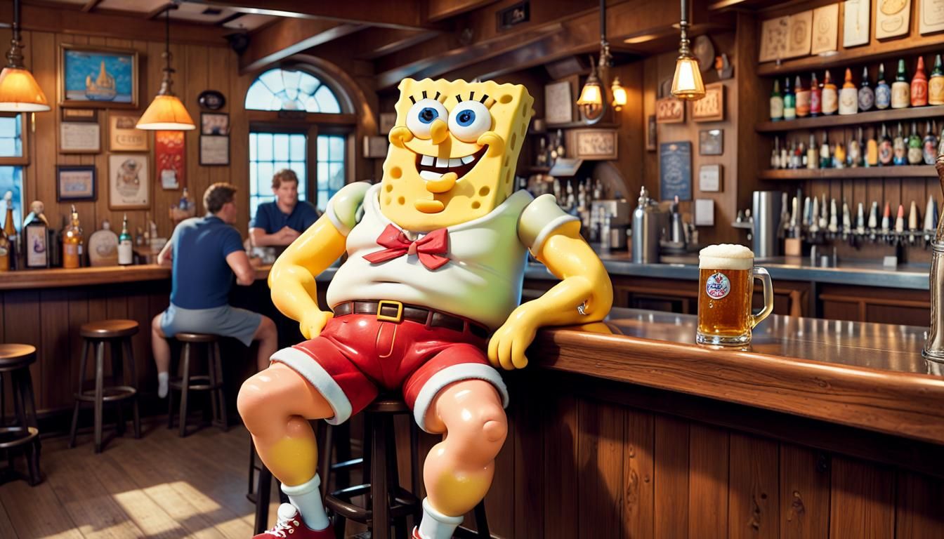 Spongebob Squarepants in a pub having a Beer