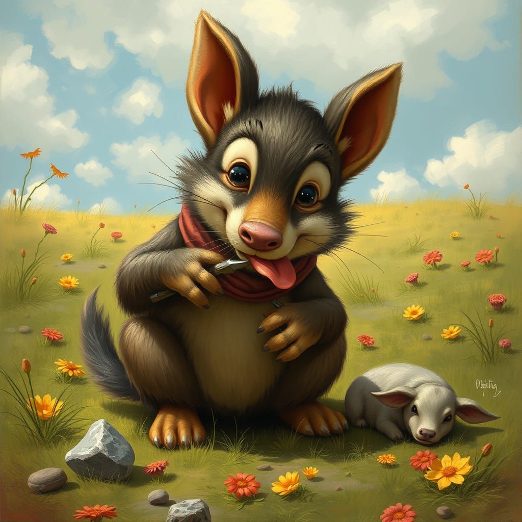 Cute Italian Hound Eats from a Bowl in Impressionist Style