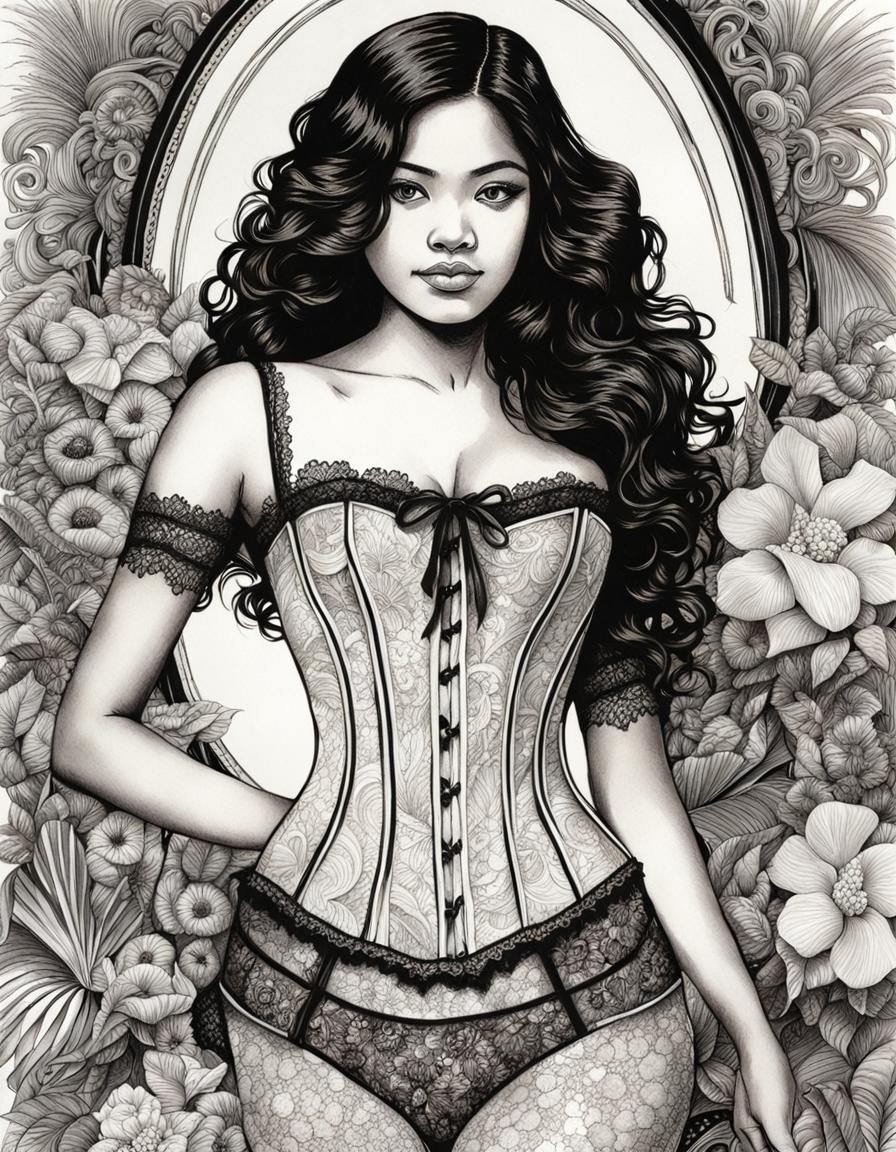 Detailed Pen and Ink Drawing of Indonesian Woman