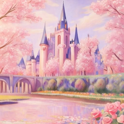 Pink Cobblestone Castle in Impressionist Style