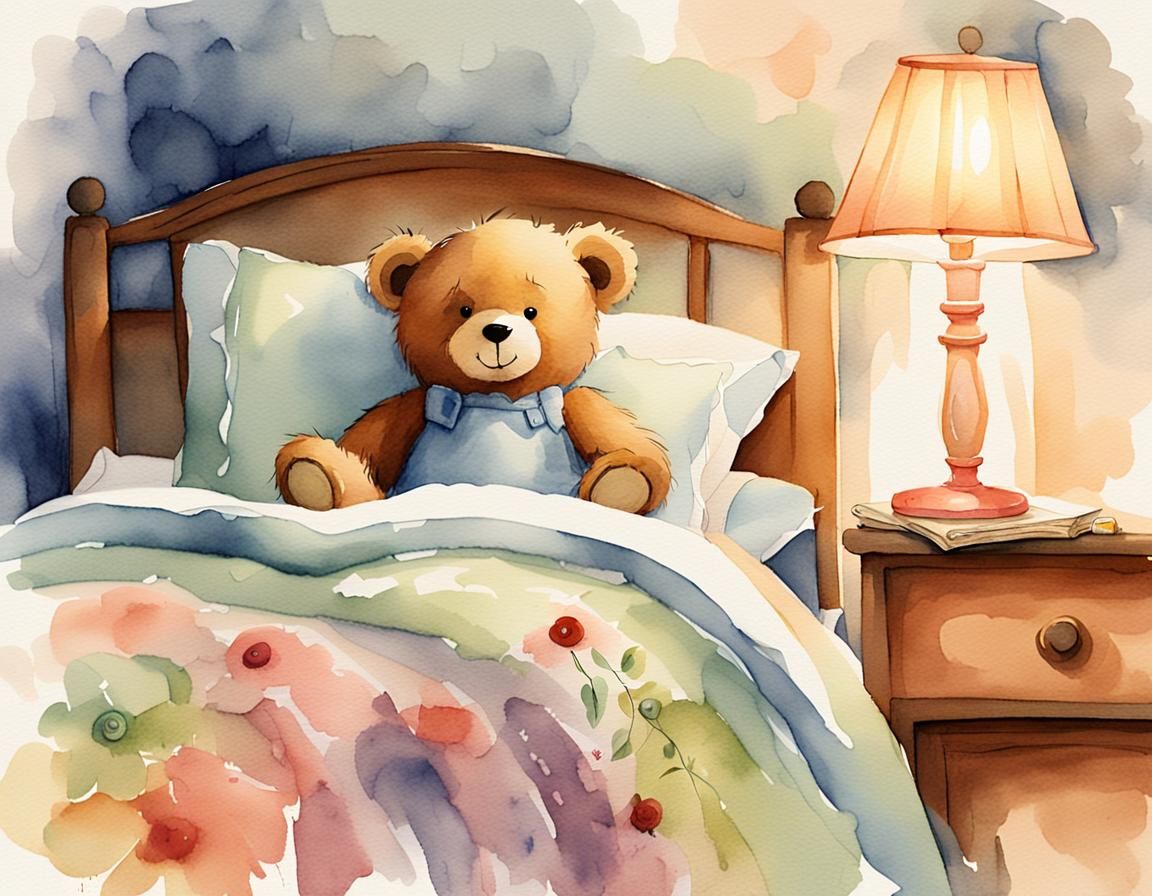 Teddy Bear Tucked in Bed, Faded Watercolors