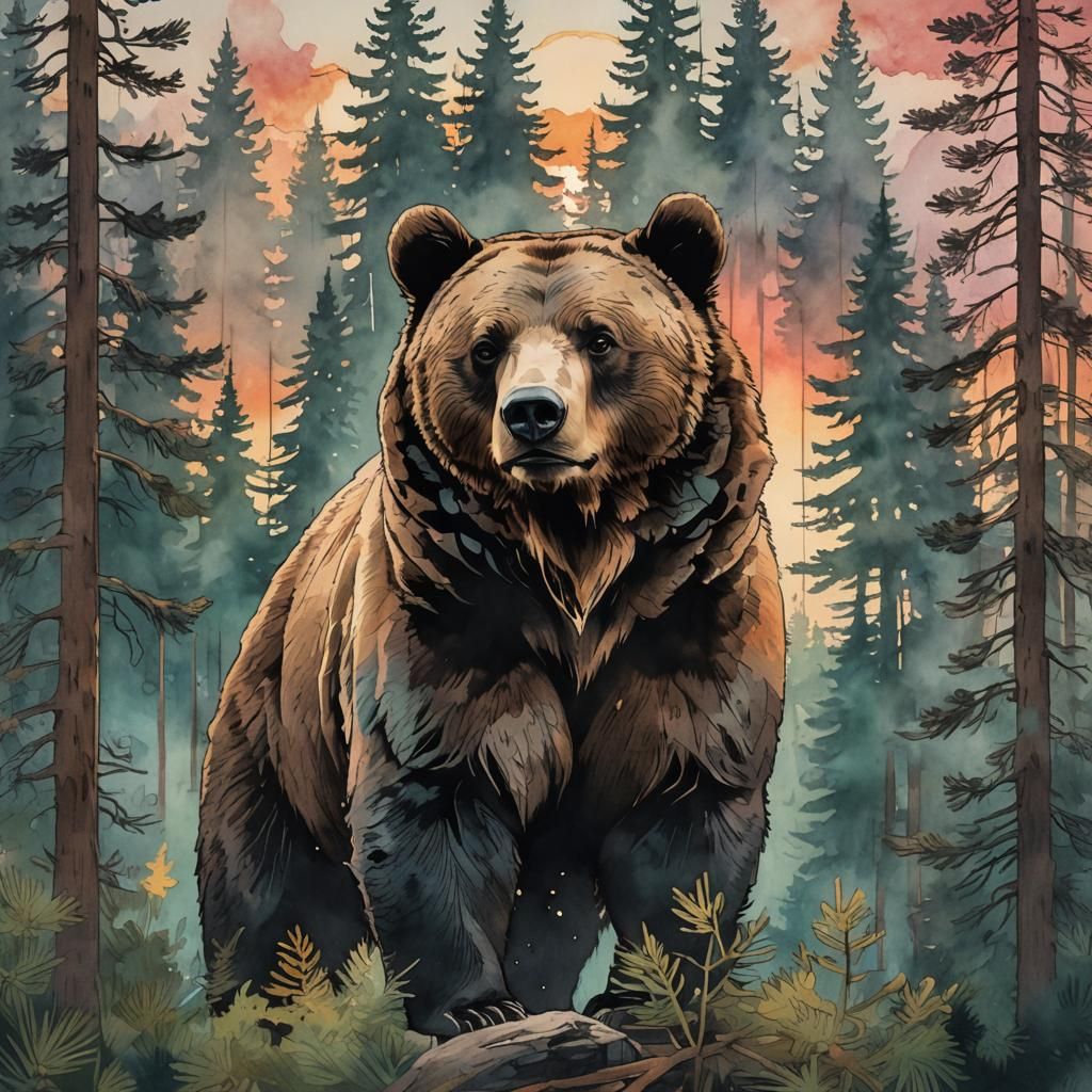 Bear in Forest with Sunset Fur, Japanese Ink Painting