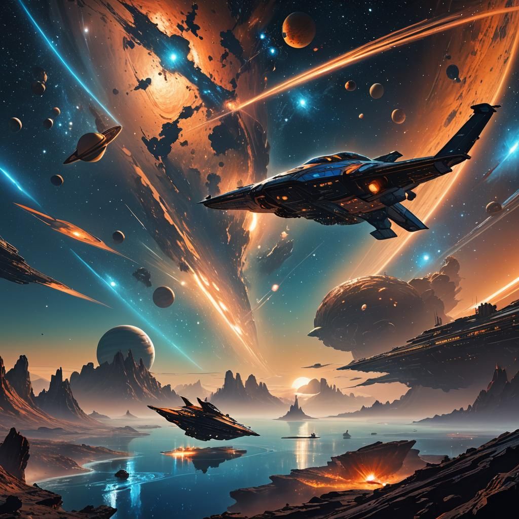 Spaceship Flying Over Ocean of Stars in Sci-Fi Art