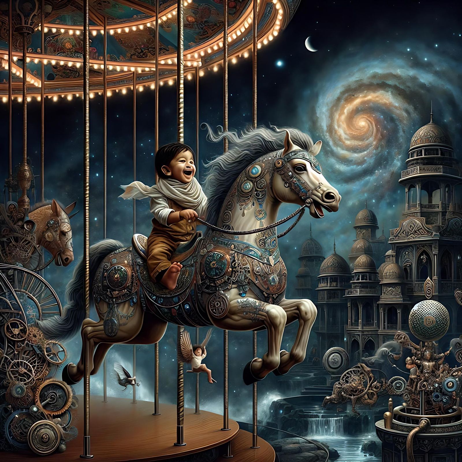 Toddler on Steampunk Carousel Horse in Fantasy Art