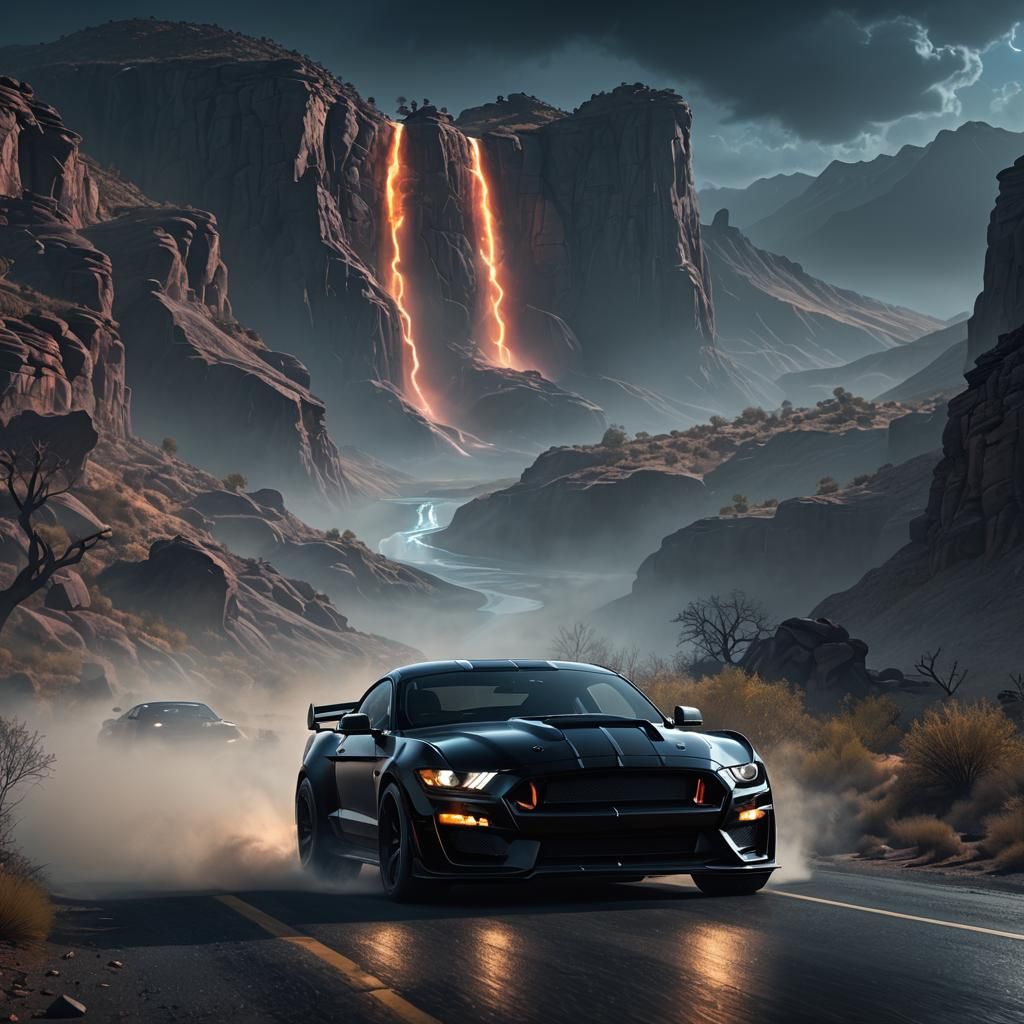 Black Mustang Shelby GT500 in Dreamlike Landscape