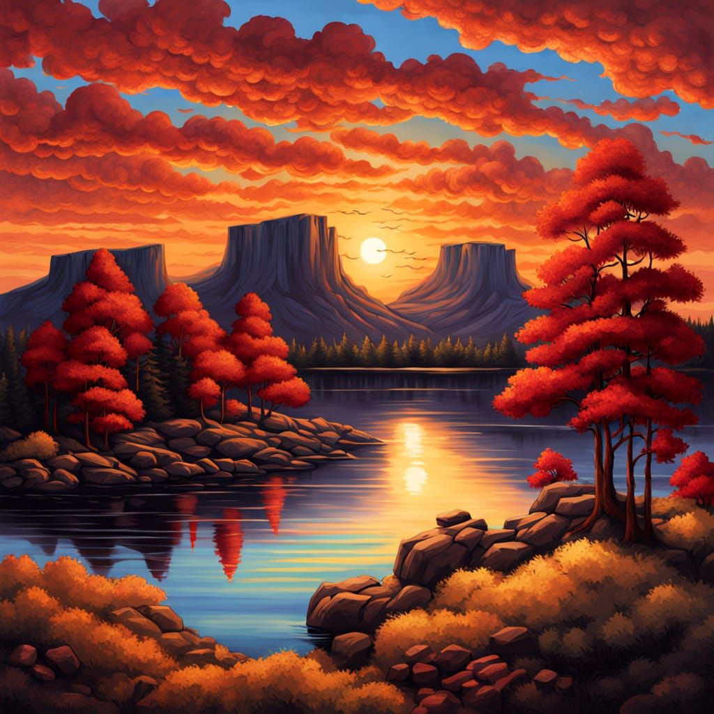 Vibrant Forest Sunset with Fluffy Clouds and Rock Formations