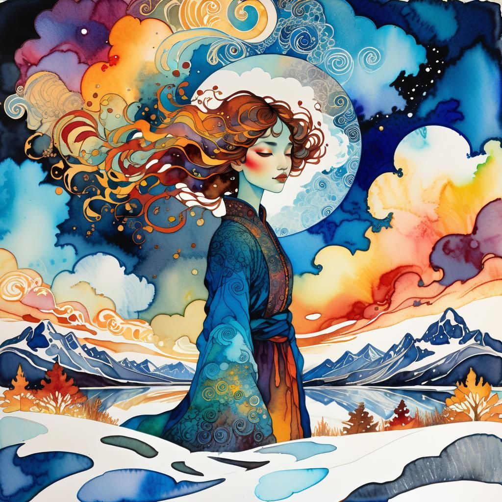 Ethereal Portrait in Dreamlike Arctic Landscape