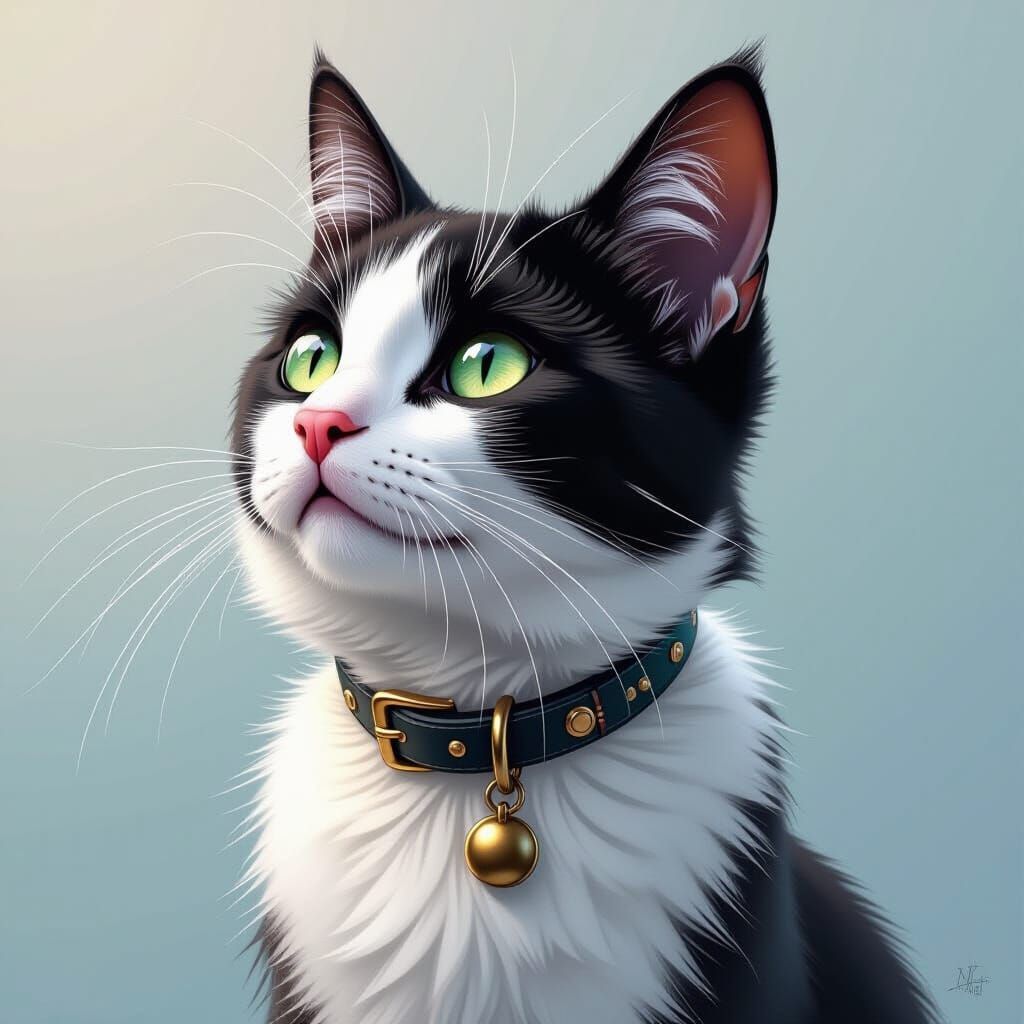 Detailed Black and White Cat Portrait in Digital Art Style