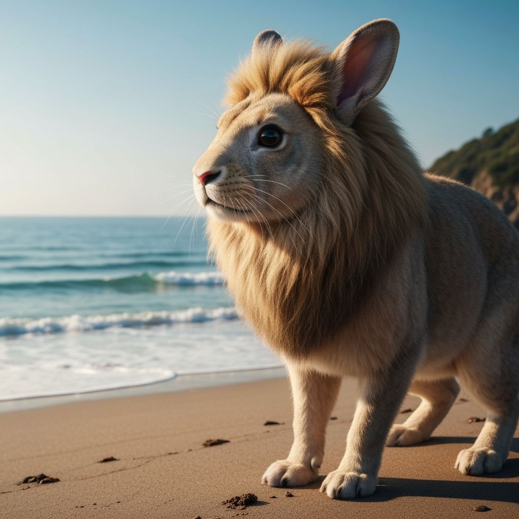 Rabbit-Lion Hybrid Creature on the Beach