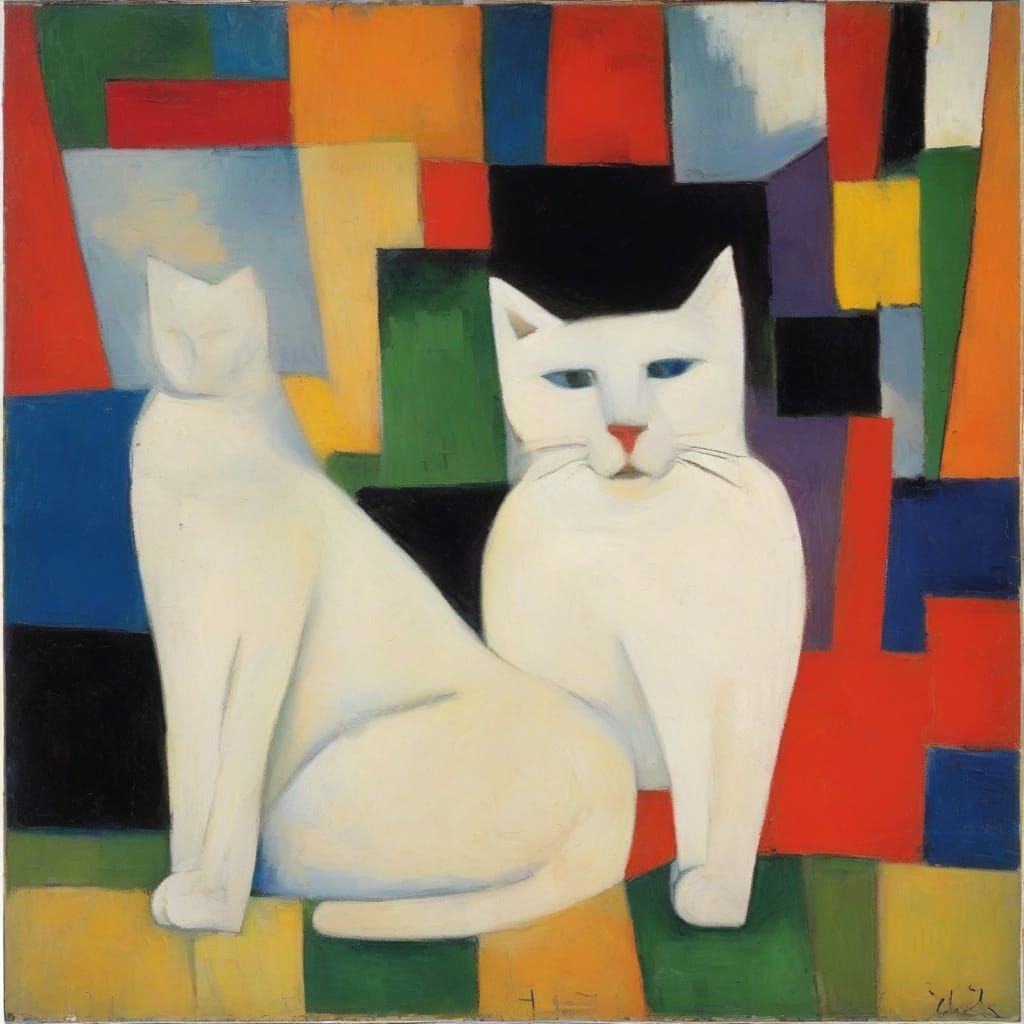 Cats Contemplate Secrets in Modigliani and Malevich Style