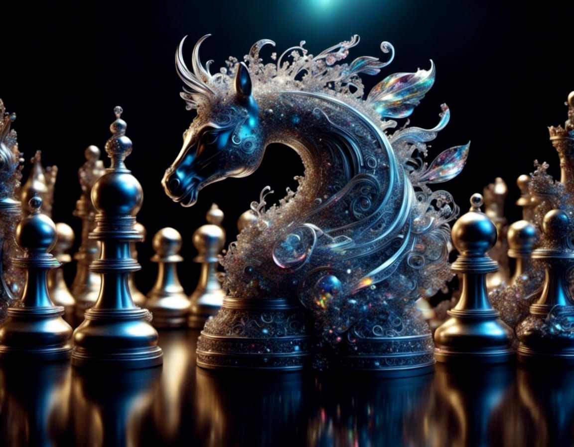 Celestial Chess Pieces Dissolving into Smoke Ribbons