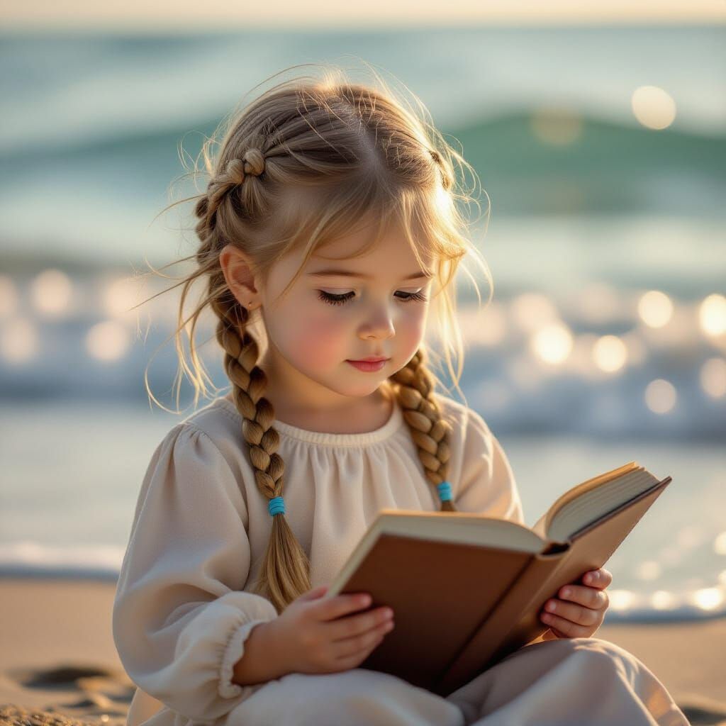 Young Girl Reads Book on Seashore in Golden Hour Light