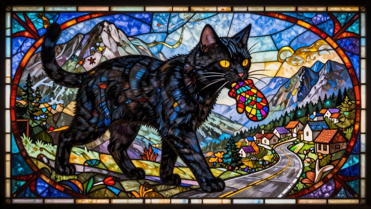 Stained Glass Black Yule Cat Descends Mountain with Mitten