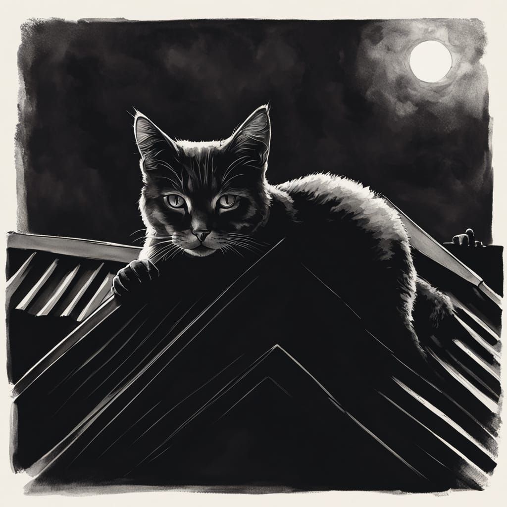 Ink Wash Cat on Roof